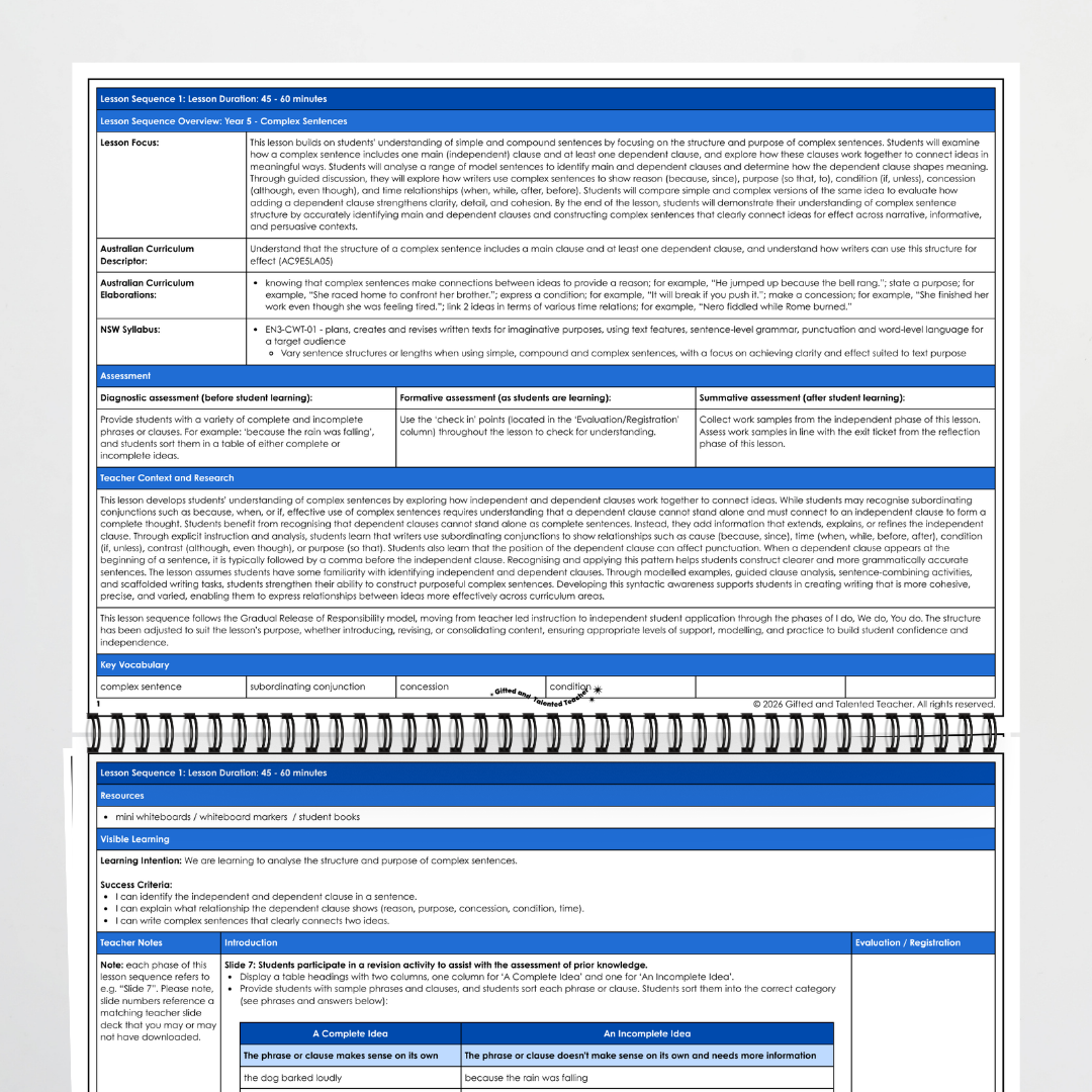 Year 5: Complex Sentences and Clauses Lesson Sequence