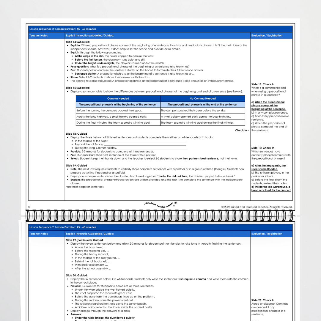 Year 5 Bundle: Commas for Prepositional Phrases - Lesson Plan, Slides and Activities