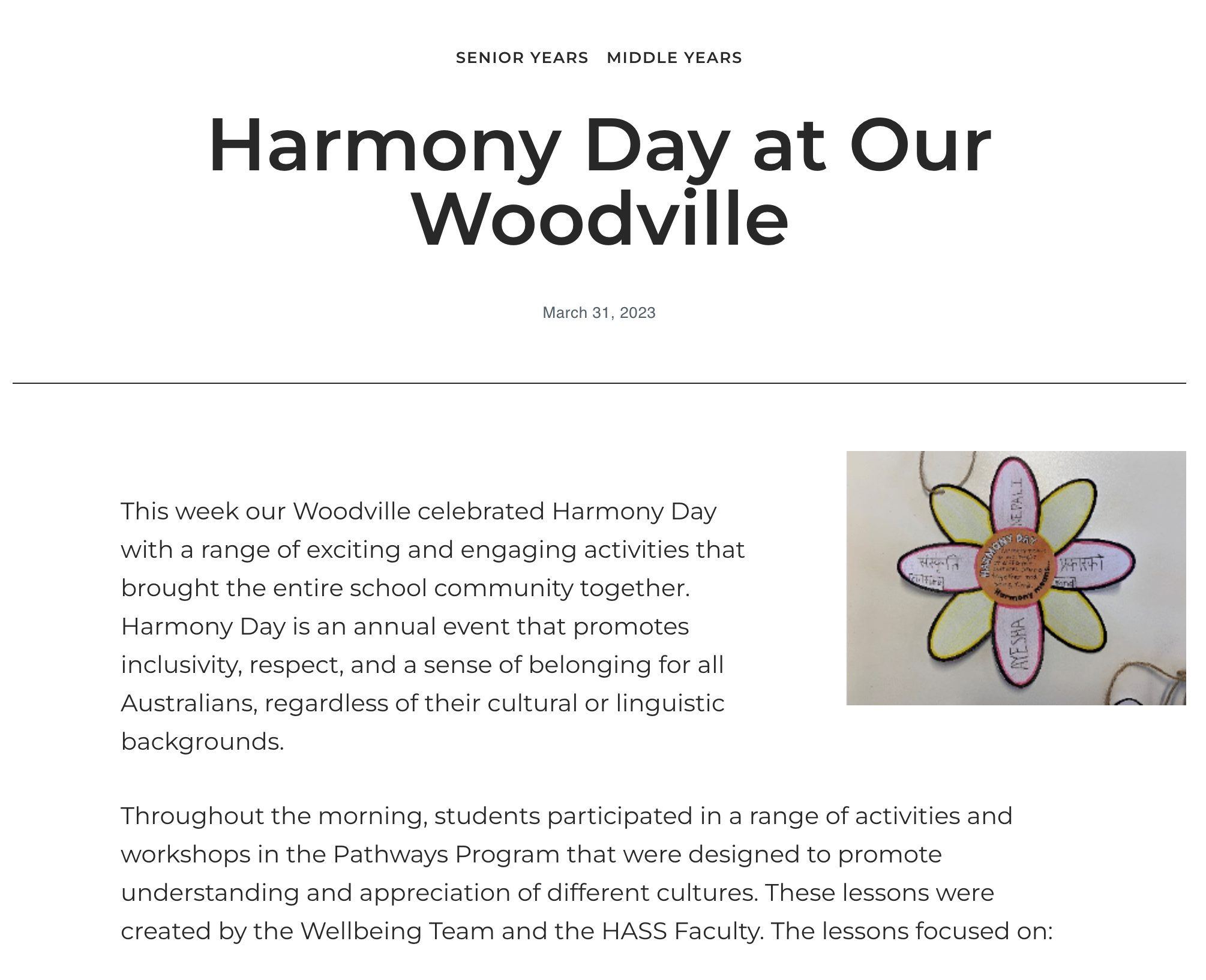 Harmony Day and Harmony Week: Dot Display and Flower Activity