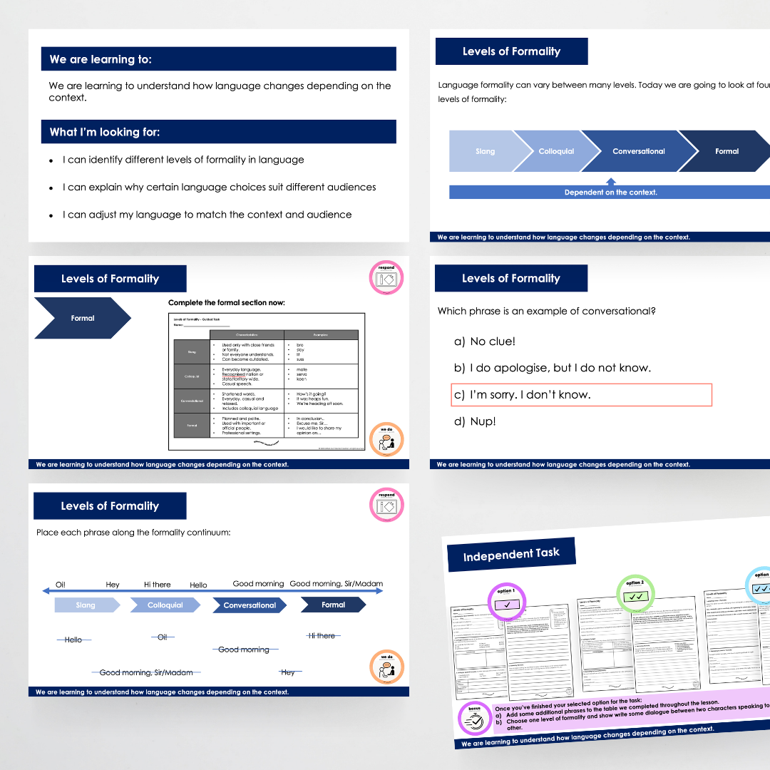 Year 6: Levels of Formality in Text Teacher Slides - Teacher Resources & Classroom Decor
