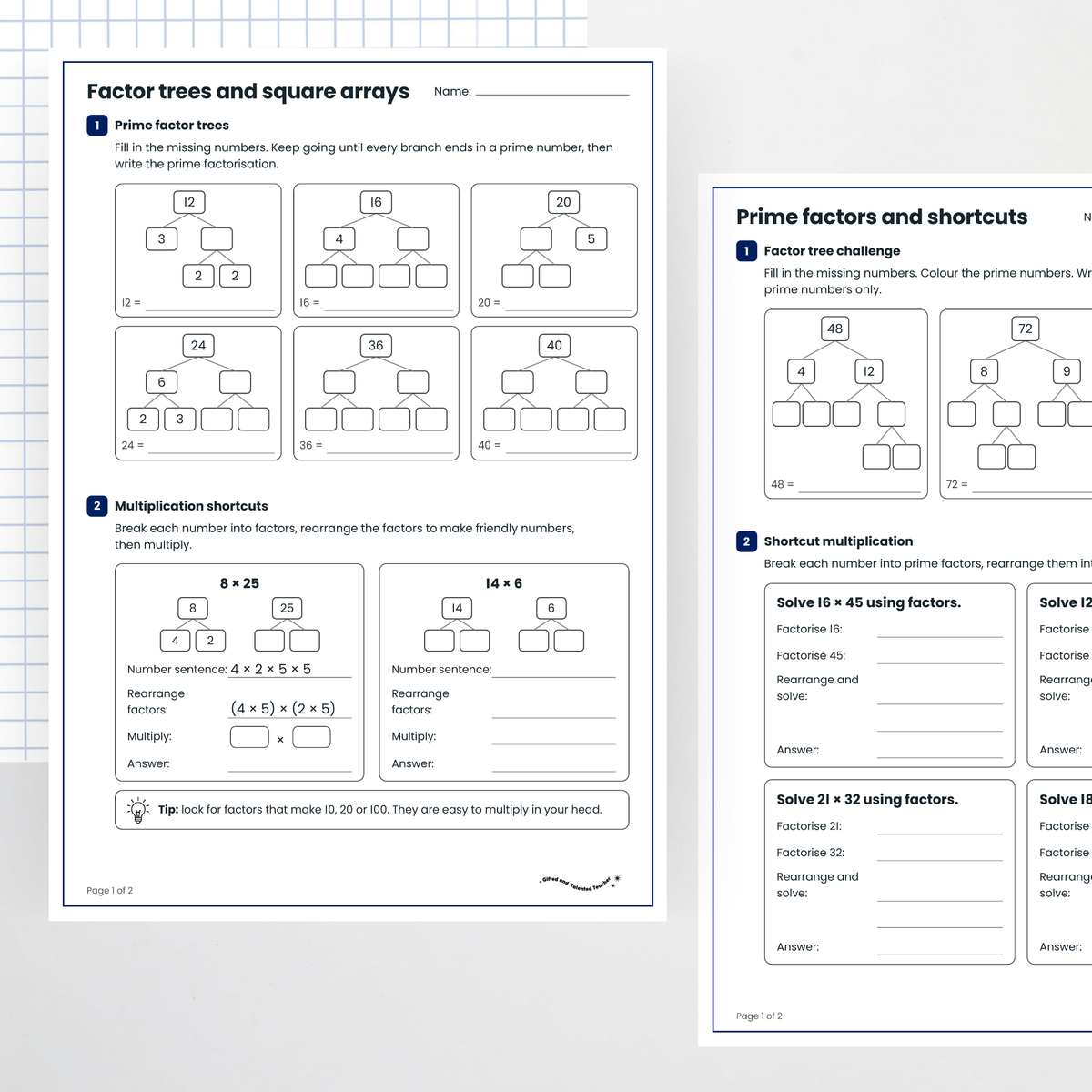 Student activities: question pages – Factors, Prime Factors and Square Numbers