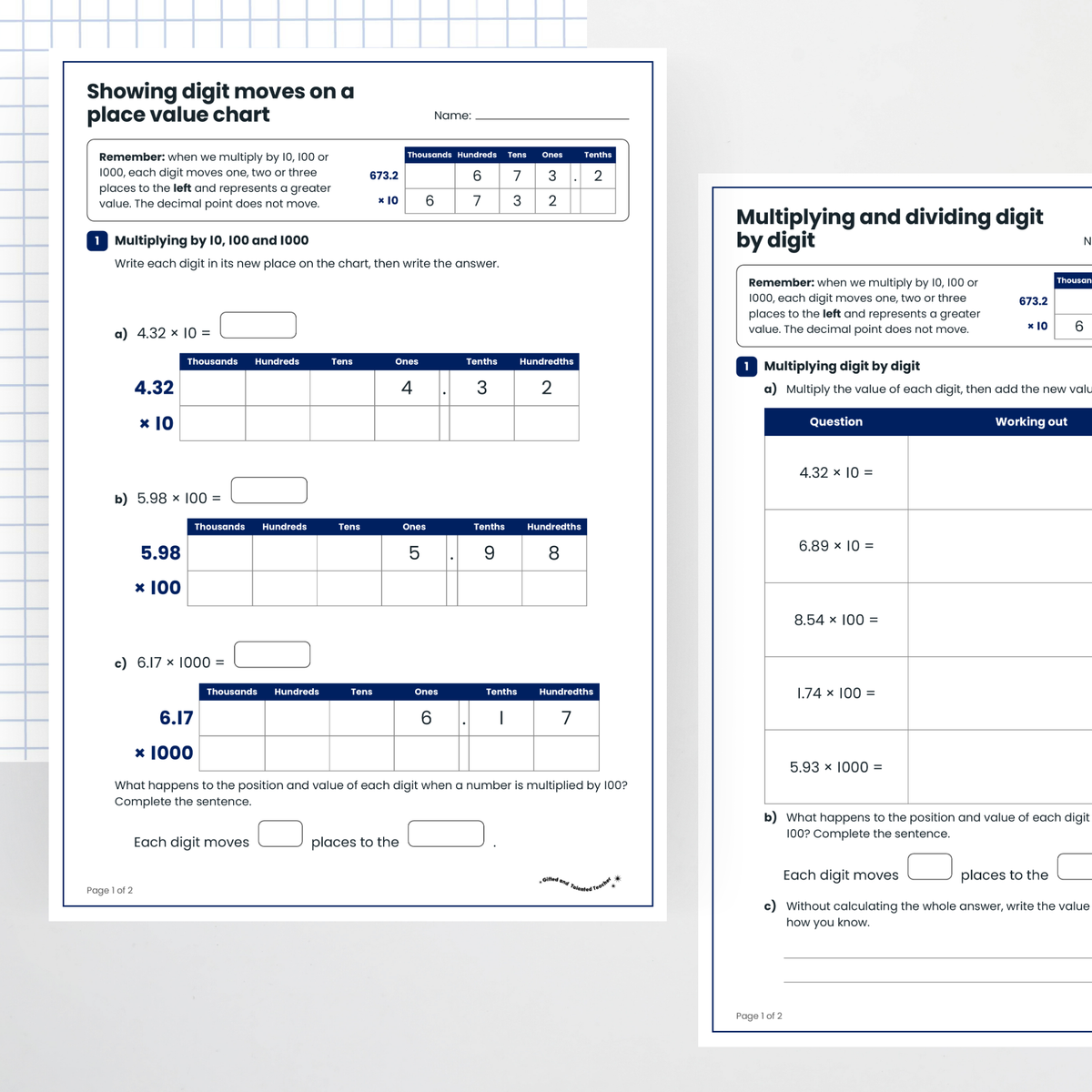 Student activities: question pages – Effect of Multiplying and Dividing Decimals by 10, 100 and 1000