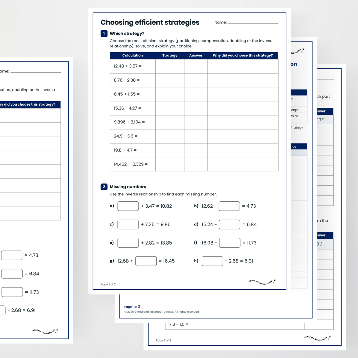 Student activity and answer key – Decimal Addition and Subtraction Strategies