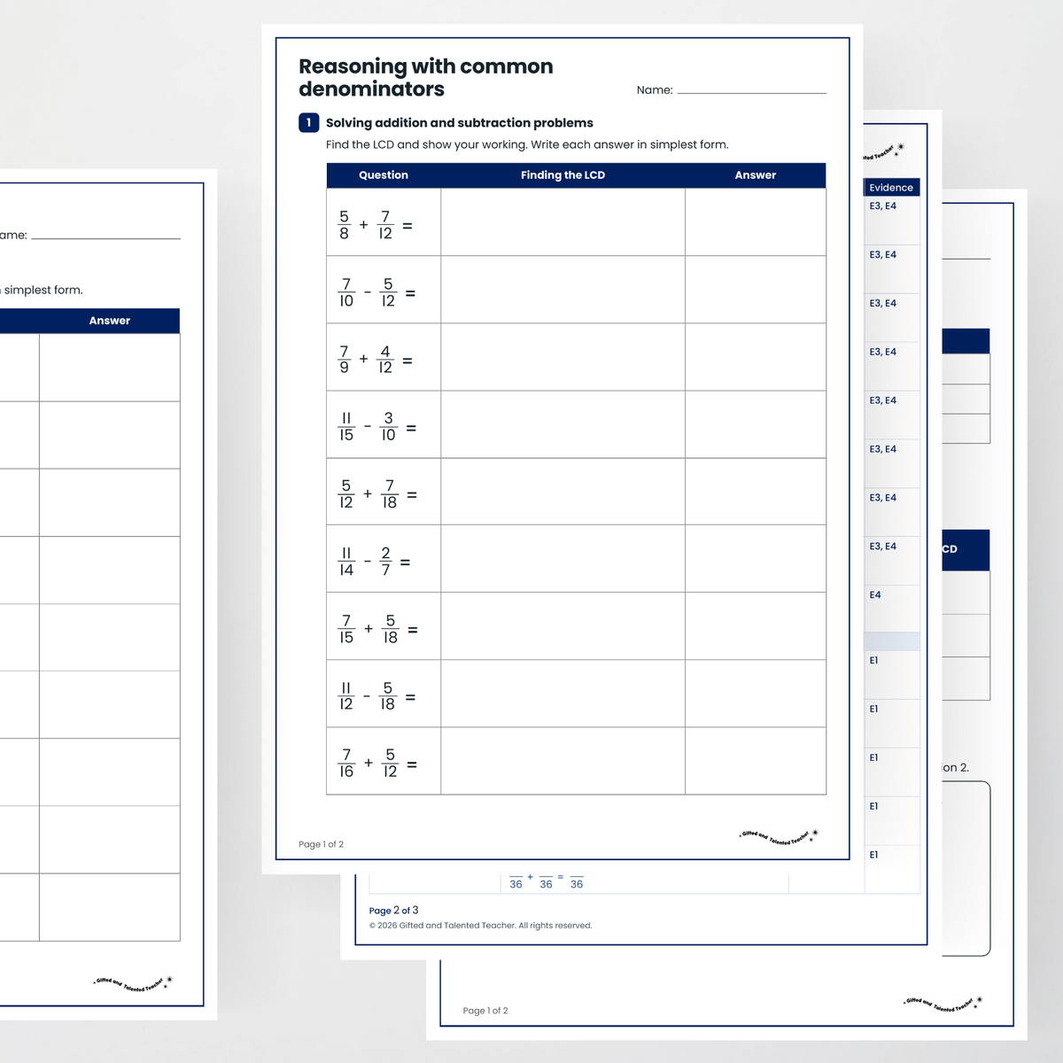 Student activity and answer key – Equivalent Fractions and Common Denominators