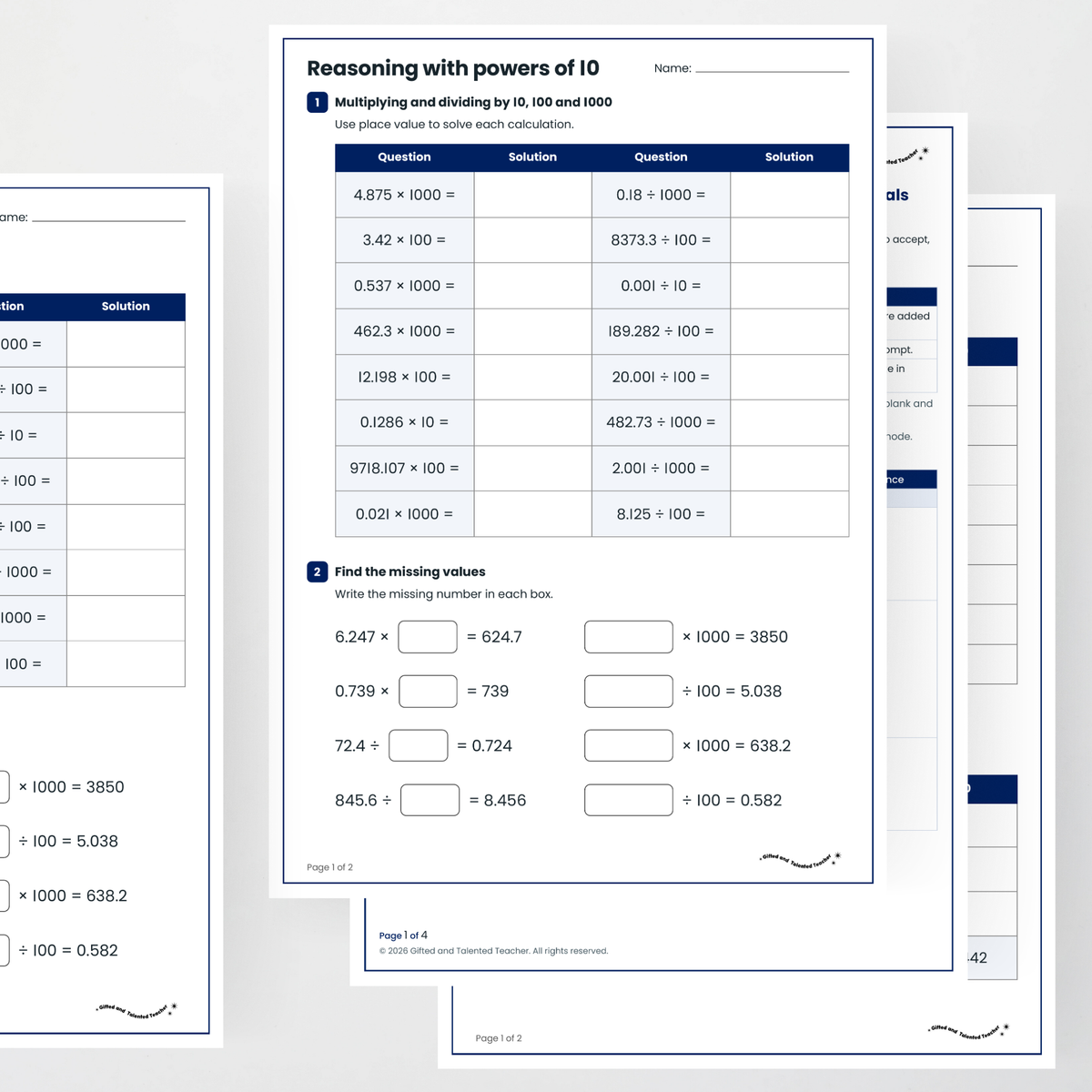 Student activity and answer key – Multiplying and Dividing Decimals Using Place Value