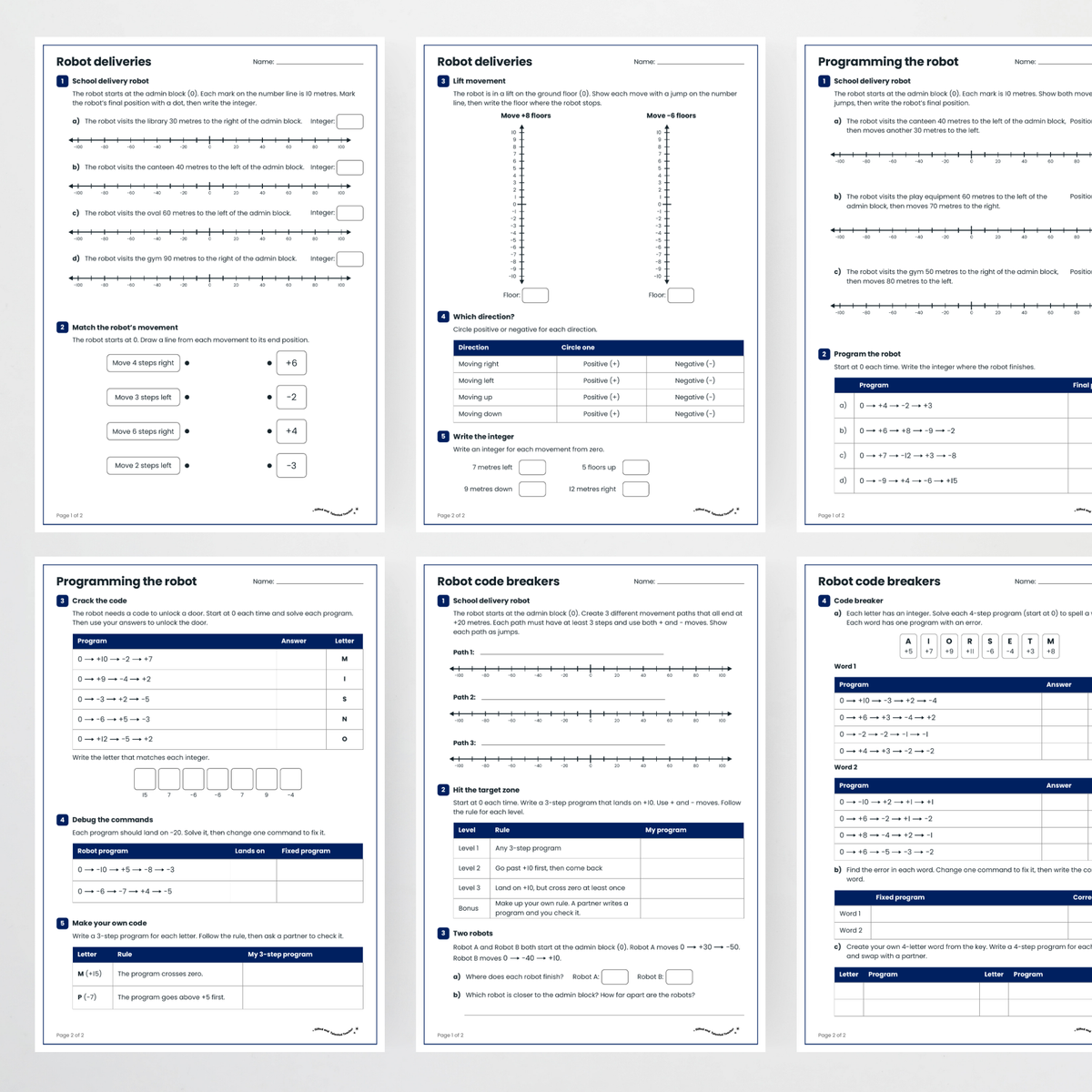 Student activity pages – Understanding Direction with Integers