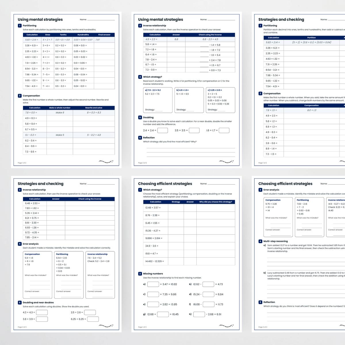 Student activity pages – Decimal Addition and Subtraction Strategies