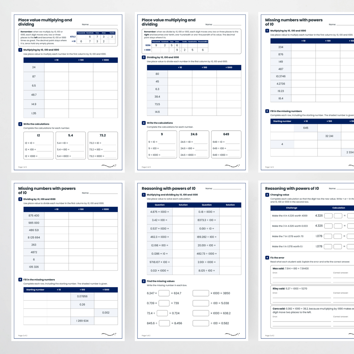 Student activity pages – Multiplying and Dividing Decimals Using Place Value