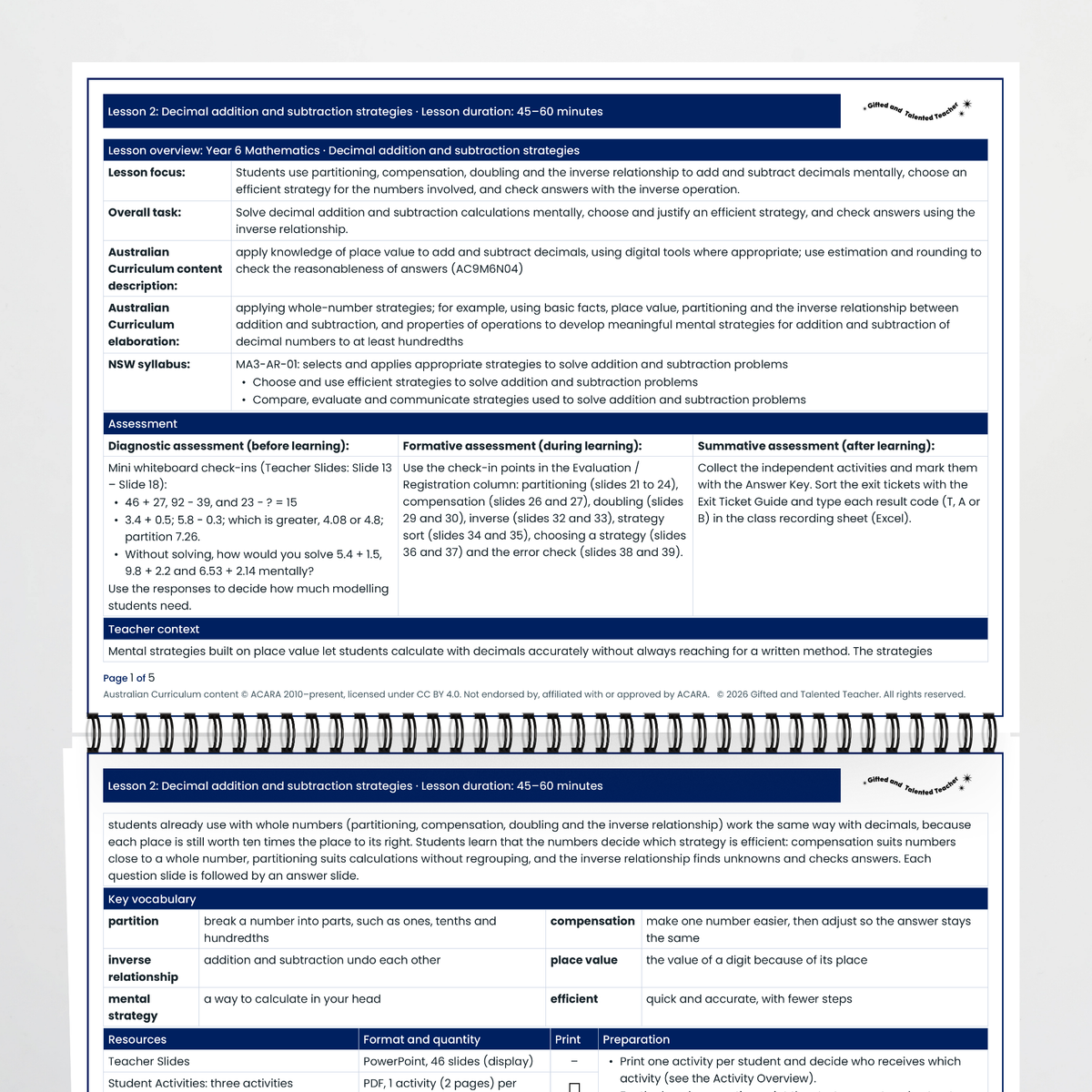 Lesson plan pages – Decimal Addition and Subtraction Strategies