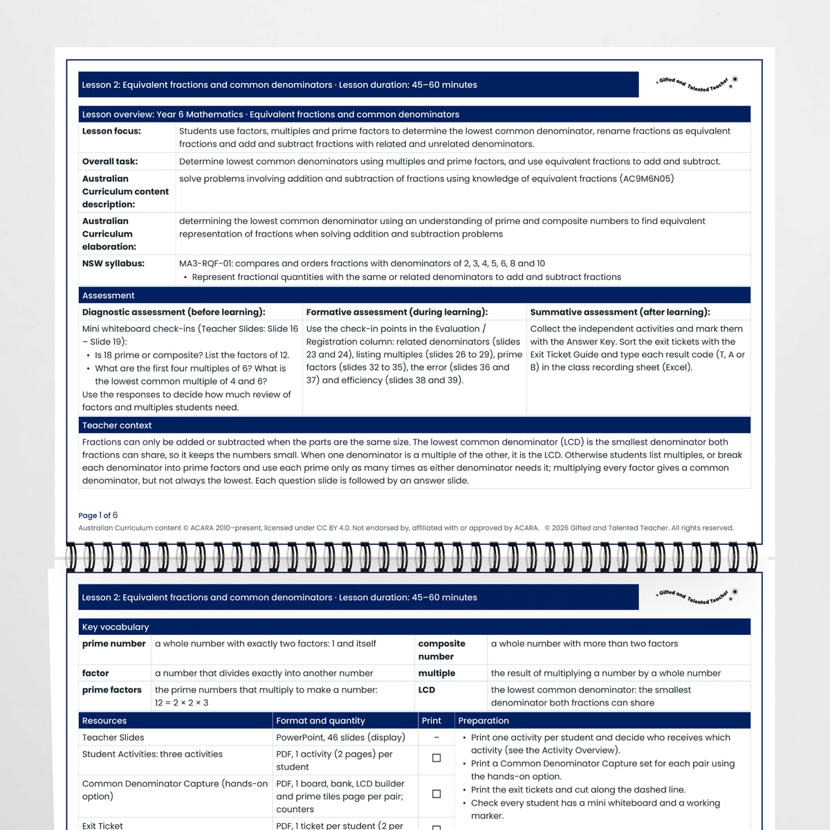 Lesson plan pages – Equivalent Fractions and Common Denominators