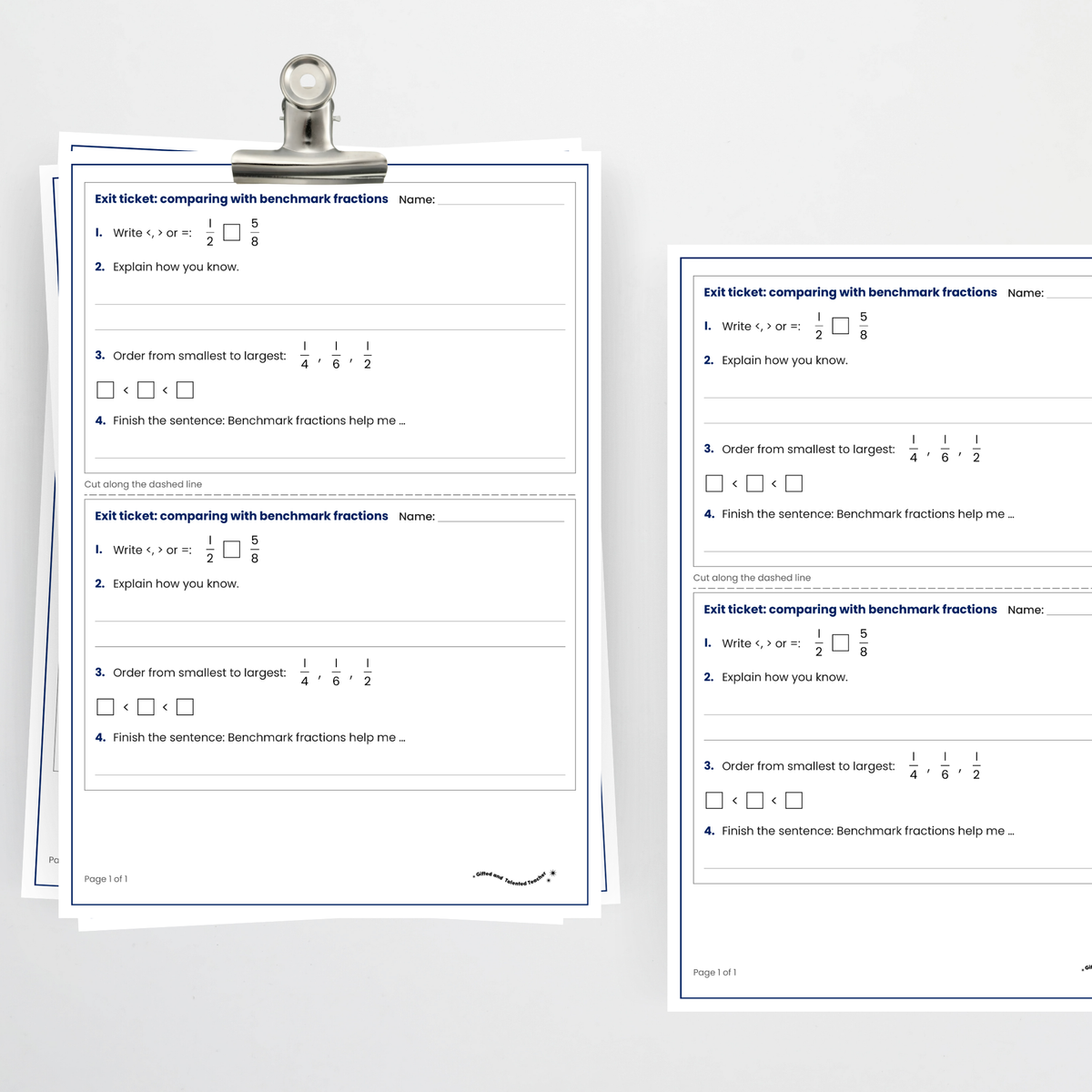 Exit ticket: comparing with benchmark fractions, two per A4 page
