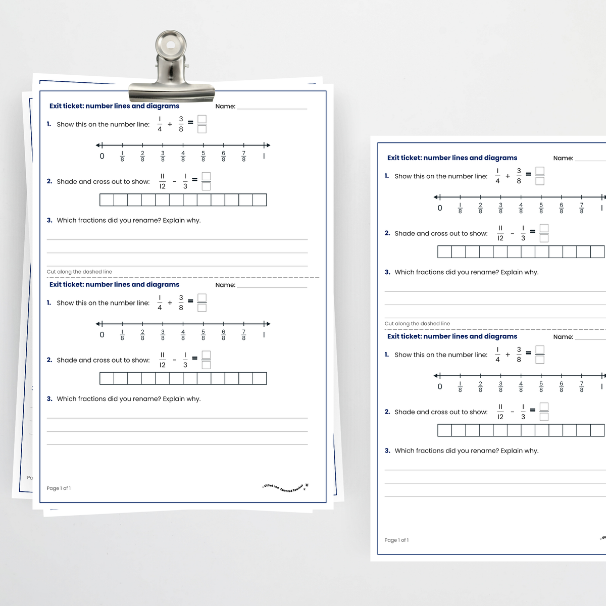 Exit ticket, two per page – Using Number Lines and Fraction Diagrams