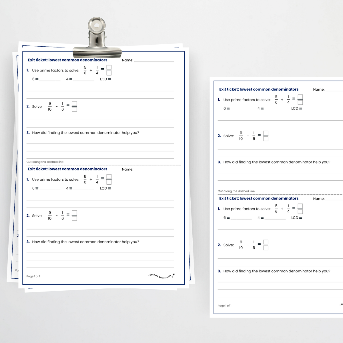 Exit ticket, two per page – Equivalent Fractions and Common Denominators
