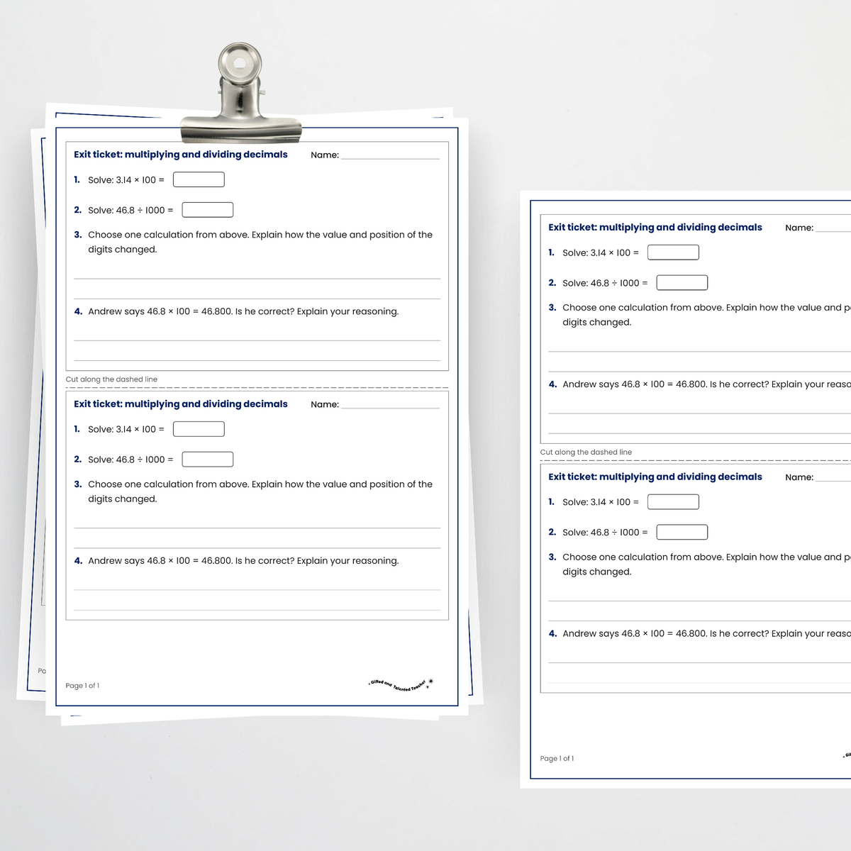 Exit ticket, two per page – Multiplying and Dividing Decimals Using Place Value