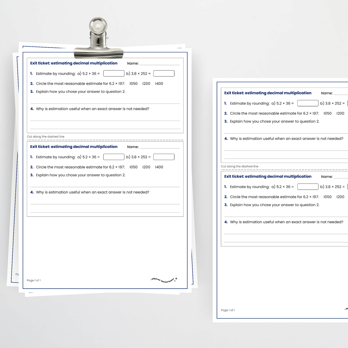 Exit ticket, two per page – Estimating Decimal Multiplication