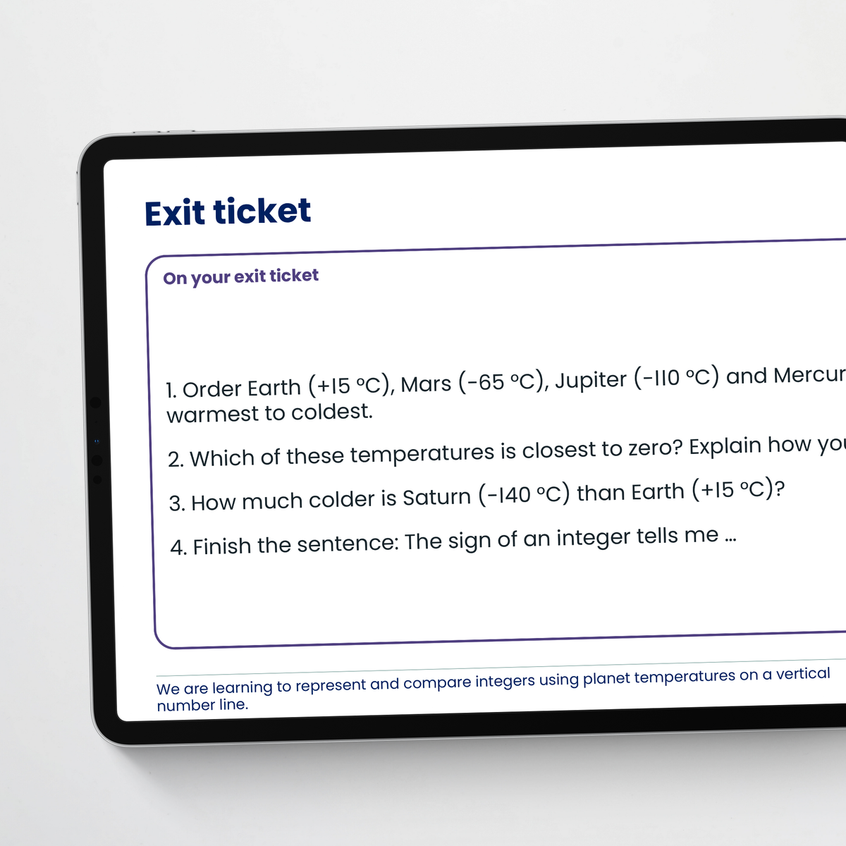 Teacher slide: exit ticket – Integers Through Planet Temperatures