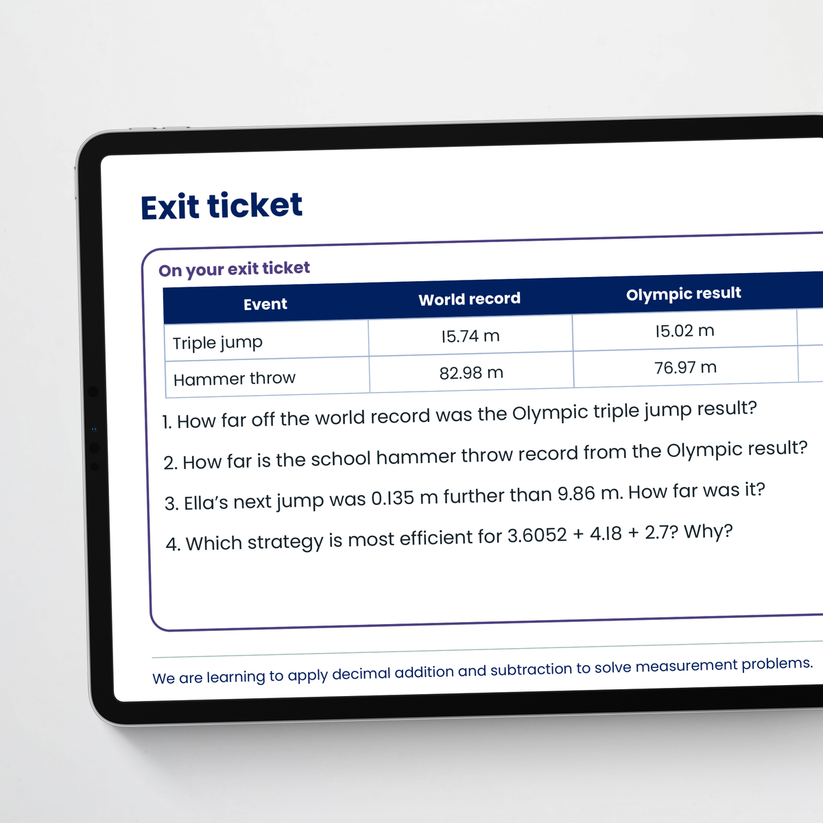 Teacher slide: exit ticket – Applying Decimal Addition and Subtraction in Measurement