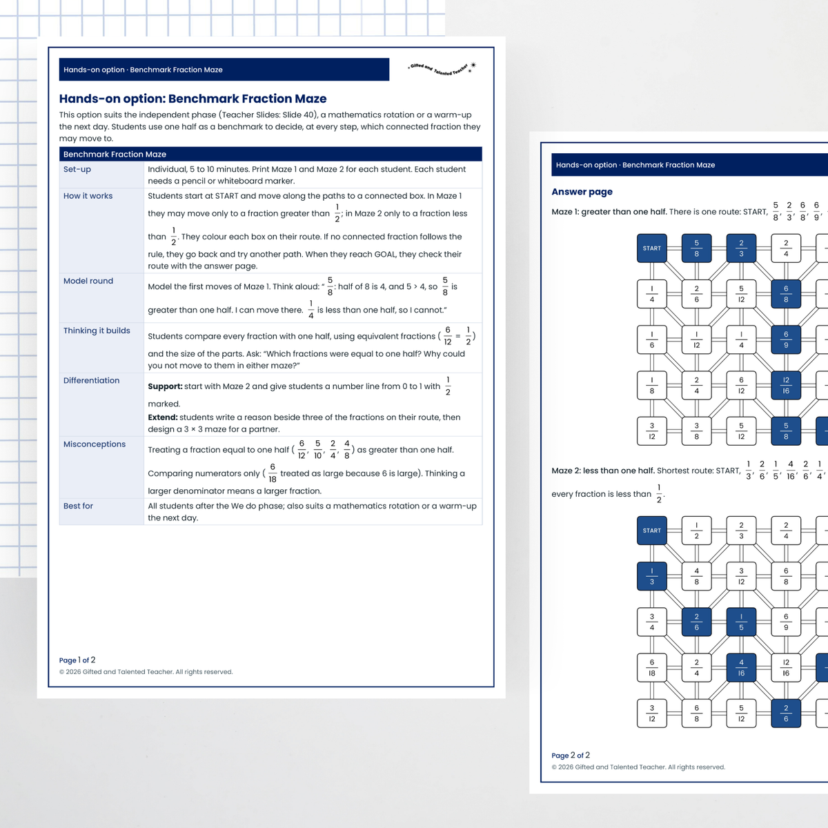 Benchmark Fraction Maze: teacher page and answer page