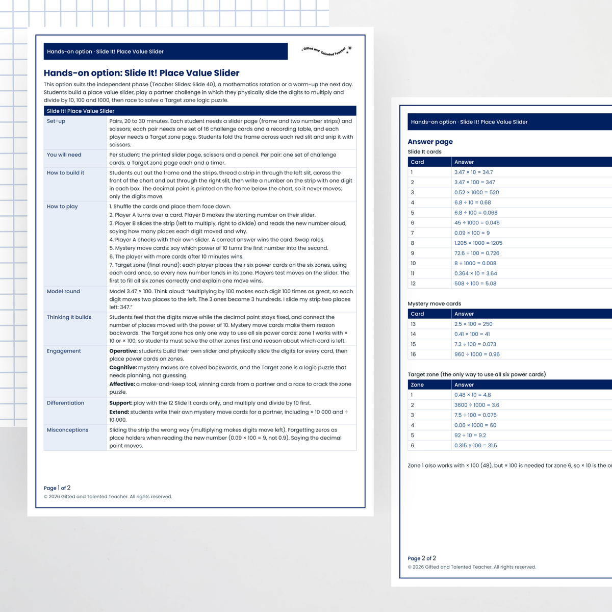 Hands-on activity: teacher page and answers – Multiplying and Dividing Decimals Using Place Value