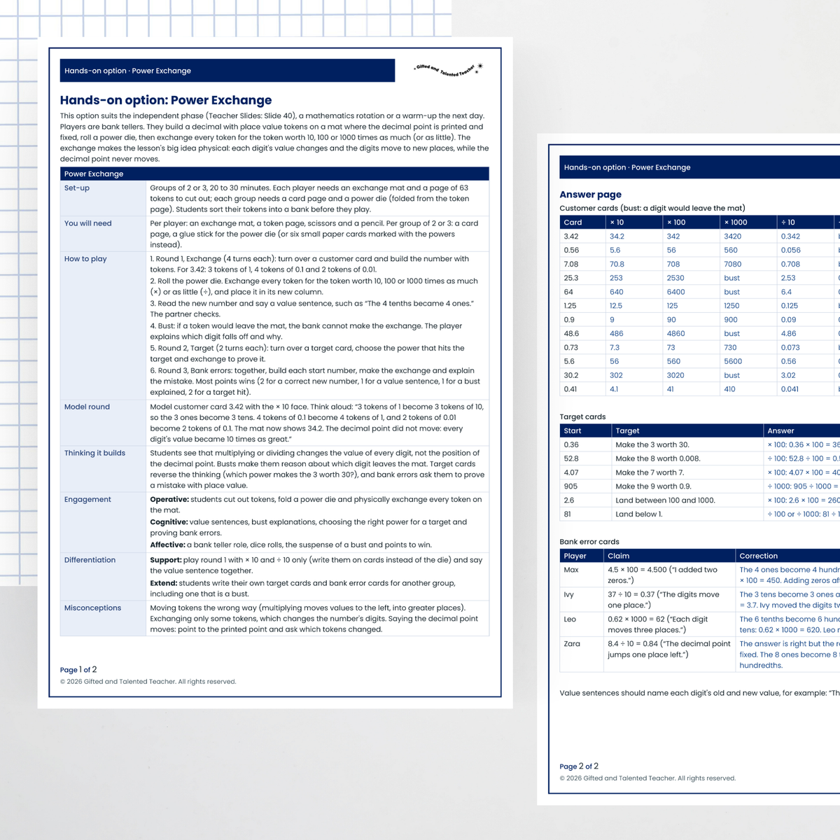 Hands-on activity: teacher page and answers – Effect of Multiplying and Dividing Decimals by 10, 100 and 1000