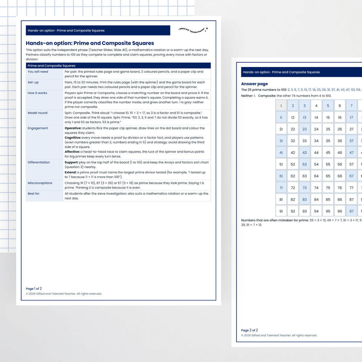 Hands-on activity: teacher page and answers – Prime and Composite Numbers