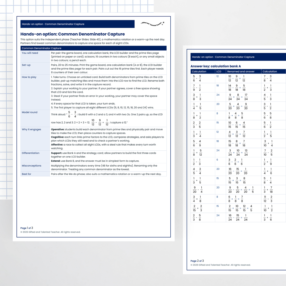 Hands-on activity: teacher page and answers – Equivalent Fractions and Common Denominators