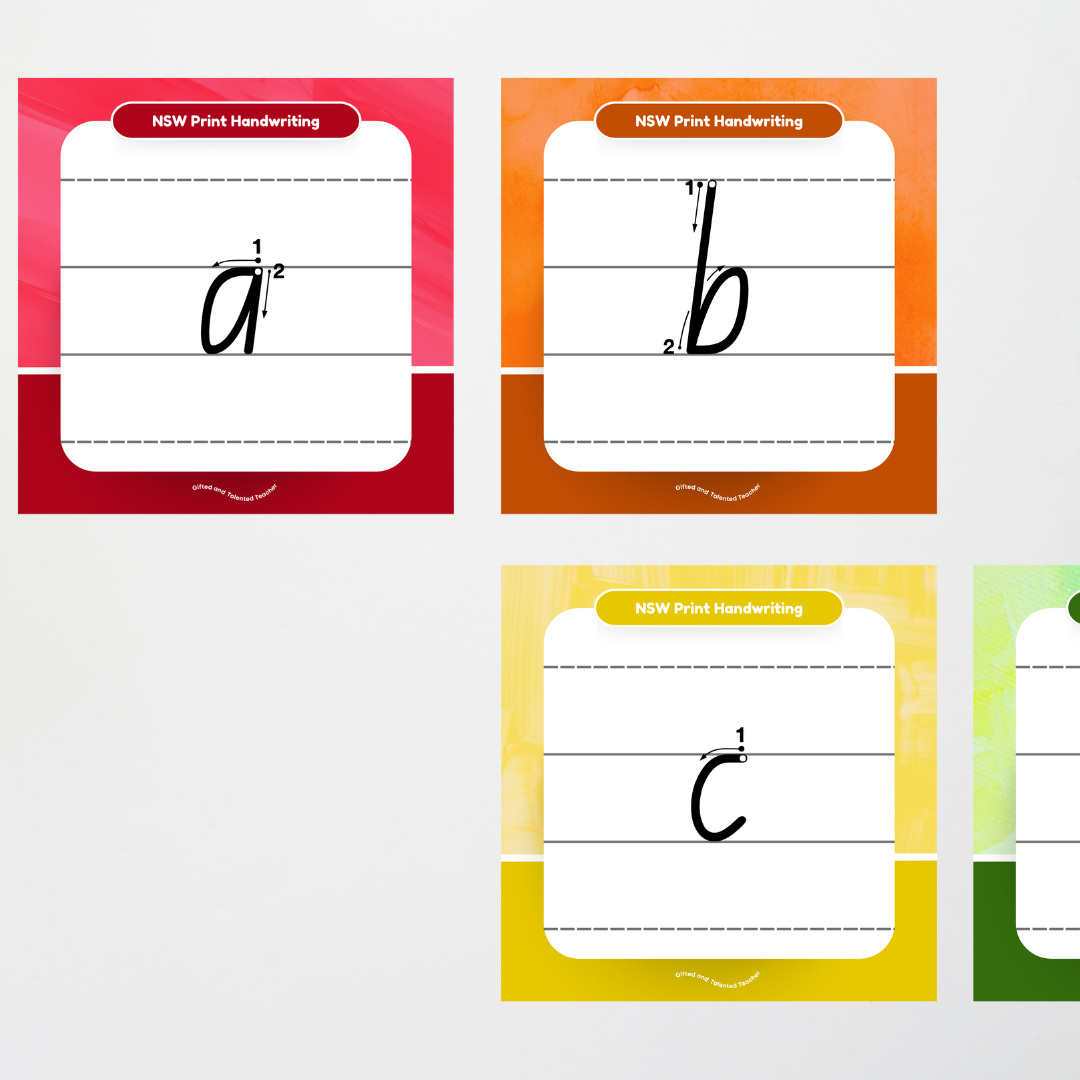 New South Wales Foundation Font: Lined Handwriting Posters (with directional arrows) - Rainbow - Teacher Resources & Classroom Decor