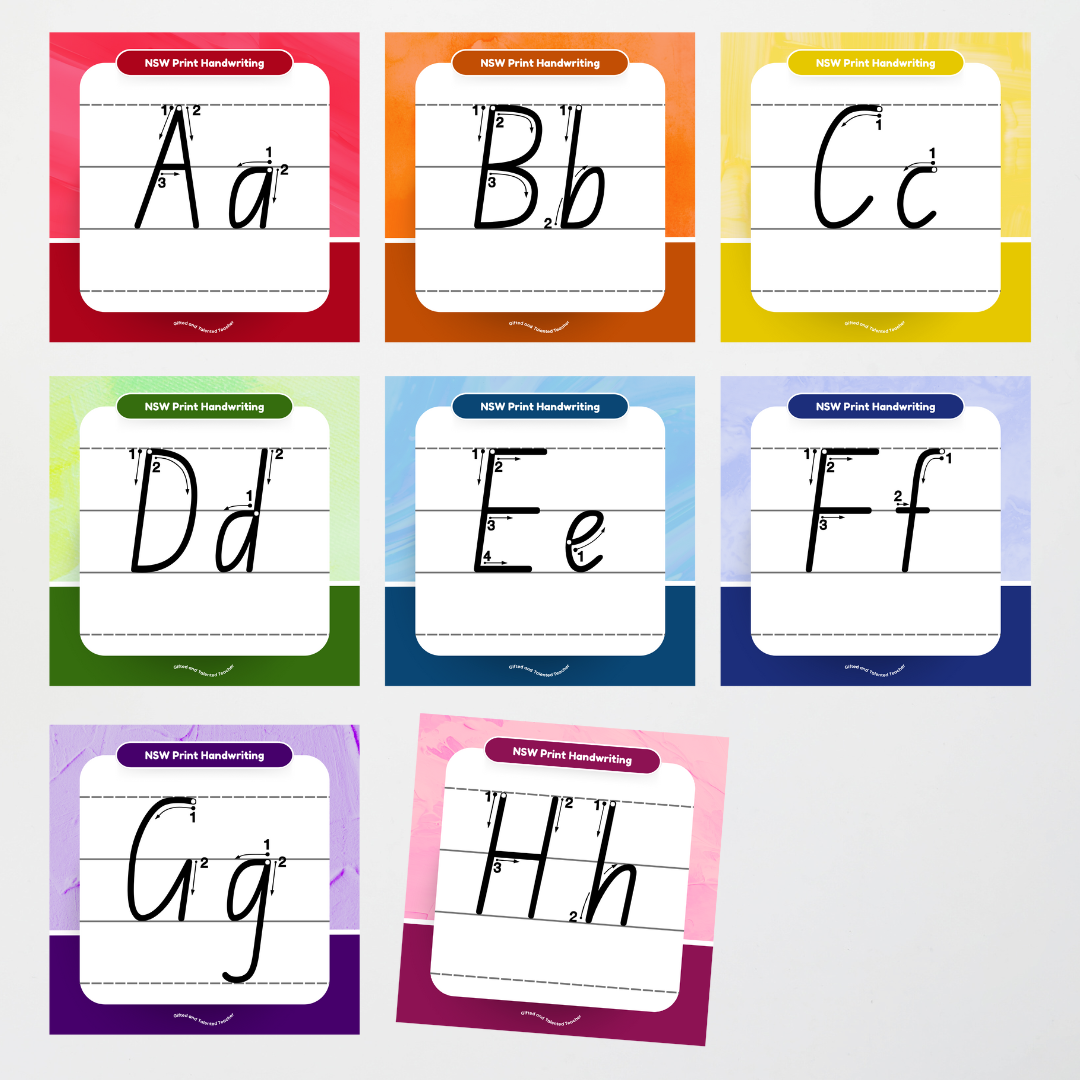 New South Wales Foundation Font: Lined Handwriting Posters (with directional arrows) - Rainbow - Teacher Resources & Classroom Decor