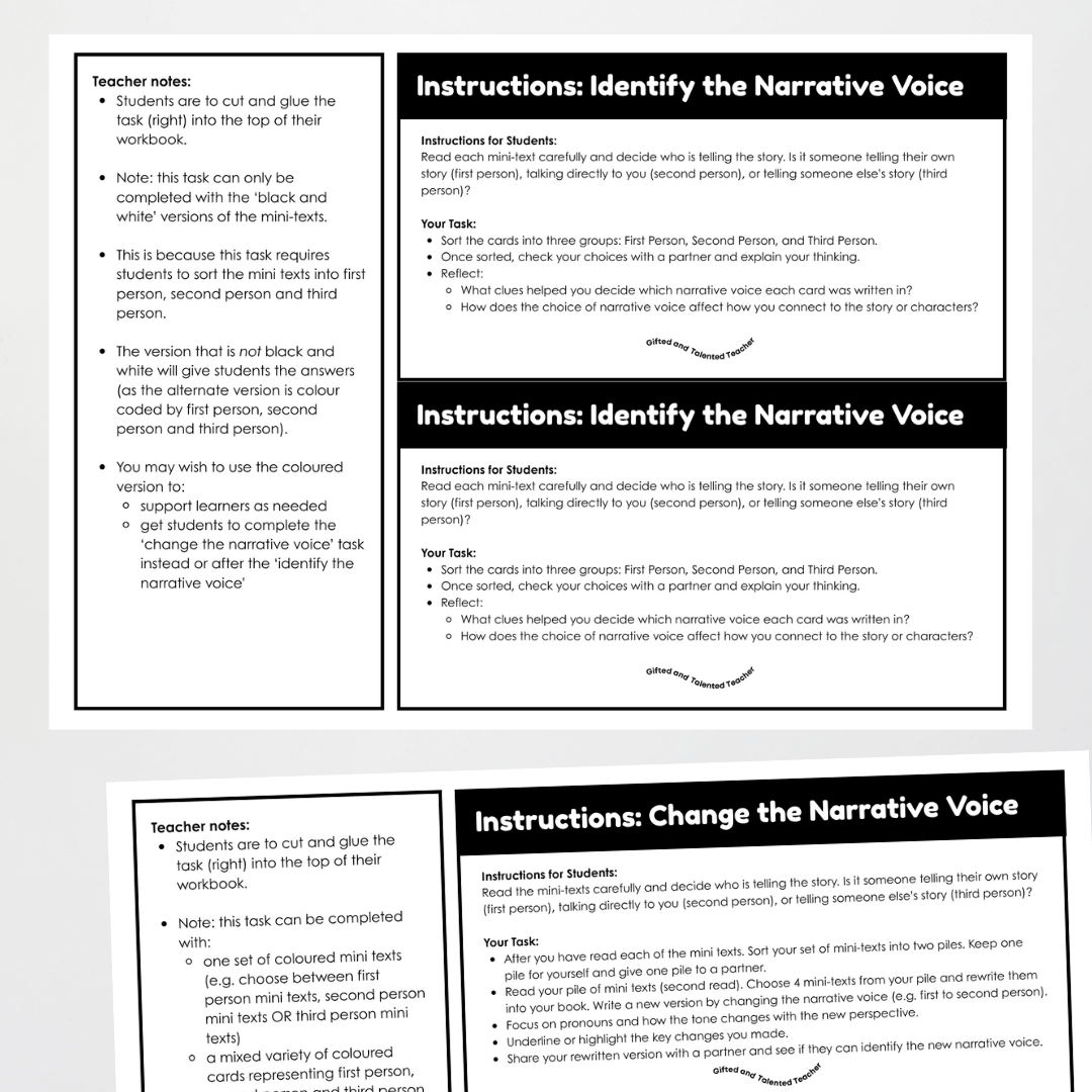 Narrative Voice Bundle: First Person, Second Person and Third Person - 45 Mini Texts Reading and Writing Activity - Teacher Resources & Classroom Decor