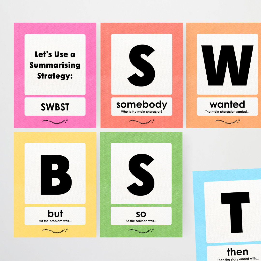 Summarising the Text: SWBST Somebody, Wanted, But, So Then - Rainbow Classroom Decor