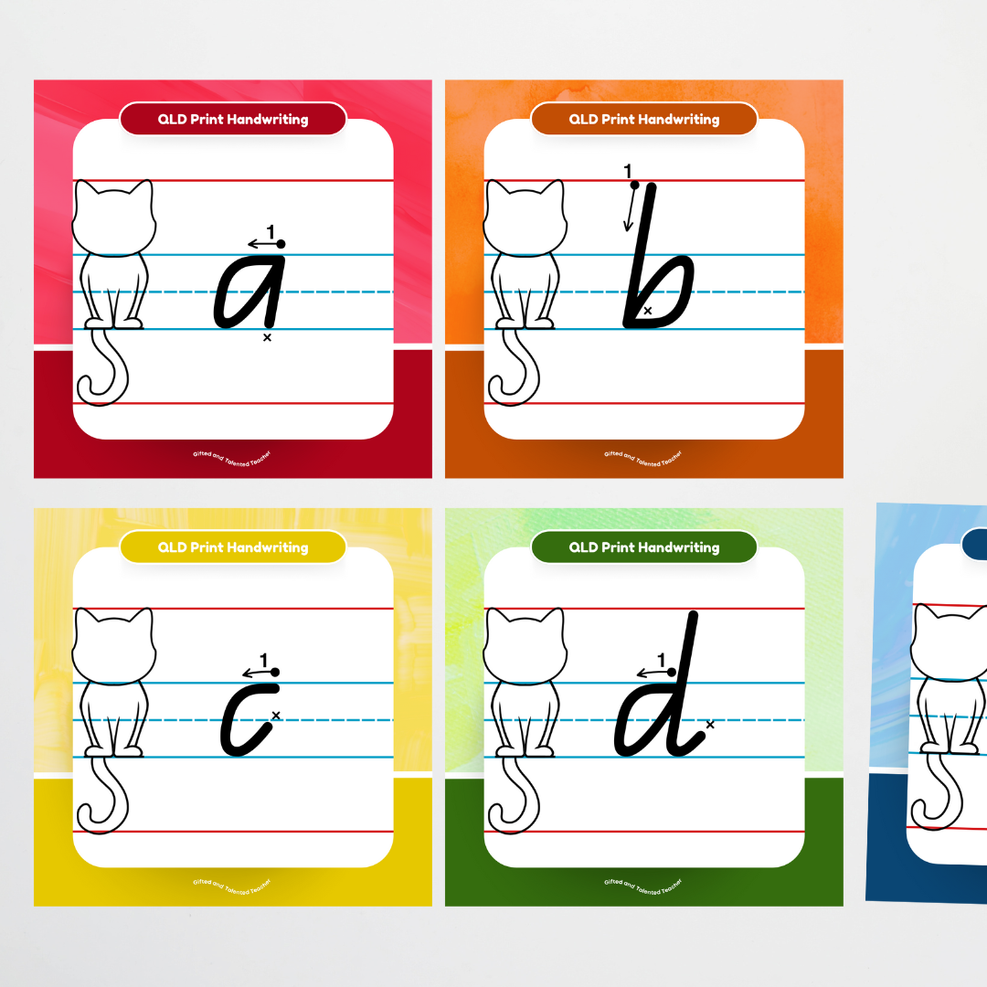 Queensland Beginner Font: Cat Dotted Thirds Lined Handwriting Posters (with directional arrows) - Rainbow - Teacher Resources & Classroom Decor