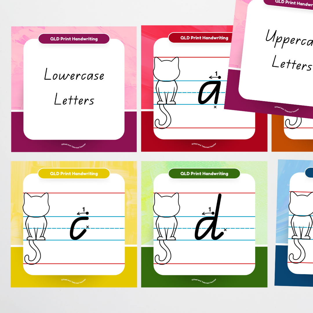 Queensland Beginner Font: Cat Dotted Thirds Lined Handwriting Posters (with directional arrows) - Rainbow - Teacher Resources & Classroom Decor
