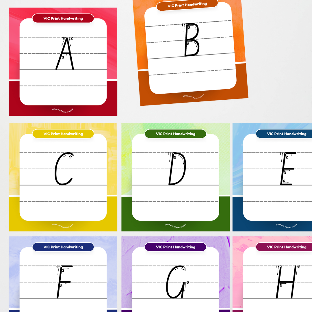 Victorian Print Font: Lined Handwriting Posters (with directional arrows) - Rainbow - Teacher Resources & Classroom Decor