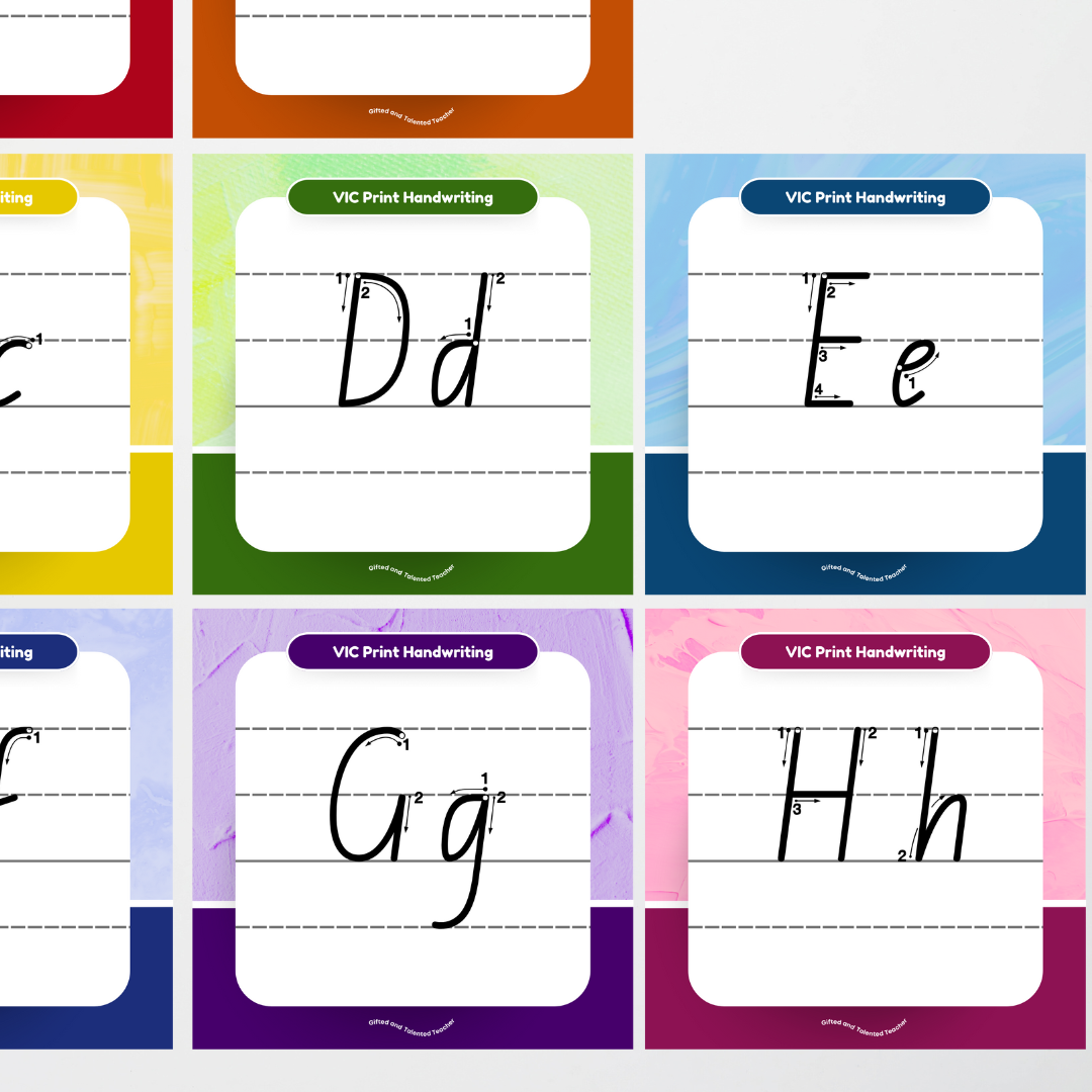 Victorian Print Font: Lined Handwriting Posters (with directional arrows) - Rainbow - Teacher Resources & Classroom Decor