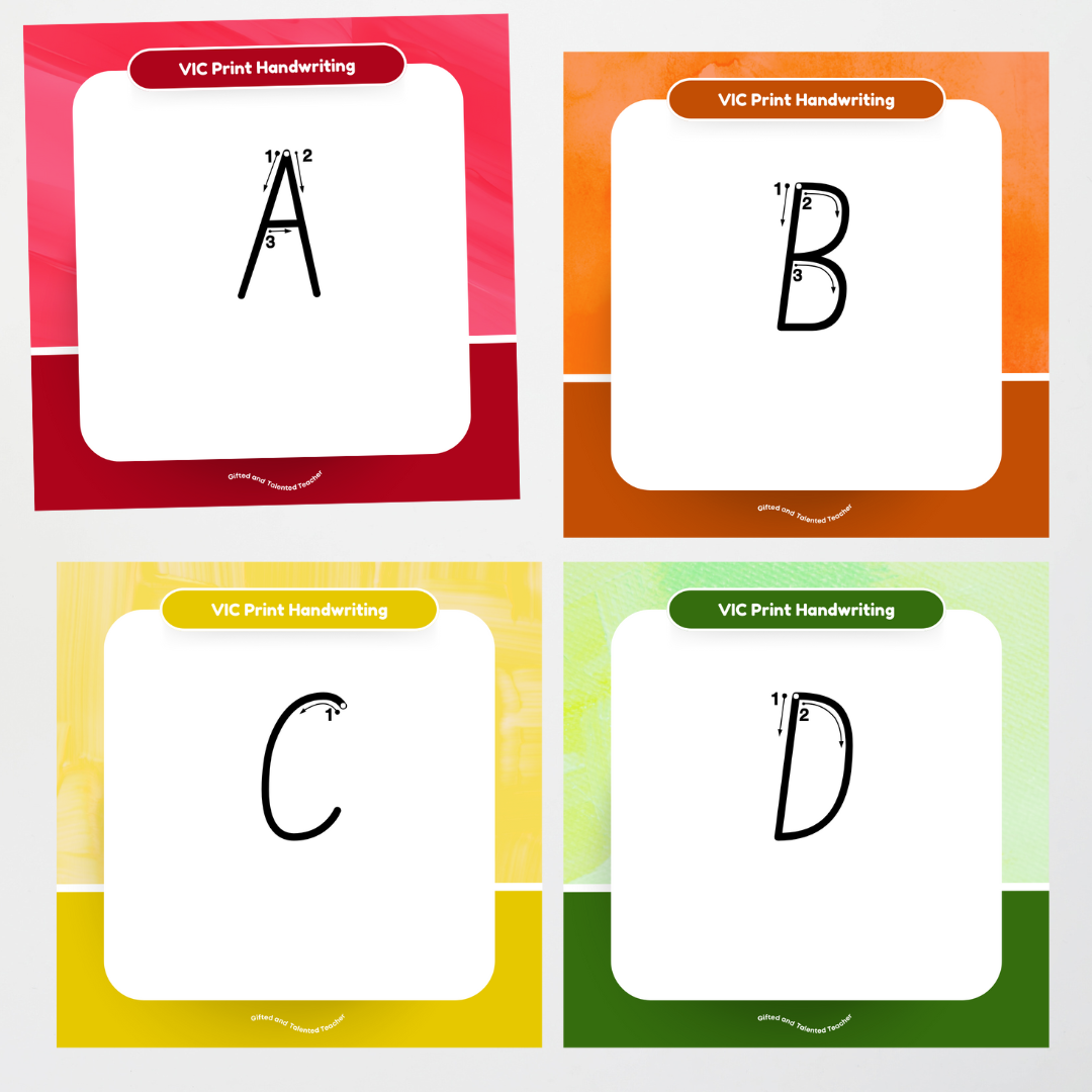 Victorian Print Font: Unlined Handwriting Posters (with directional arrows) - Rainbow - Teacher Resources & Classroom Decor