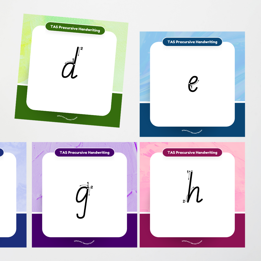 Tasmanian Precursive Font: Unlined Handwriting Posters (with directional arrows) - Rainbow - Teacher Resources & Classroom Decor
