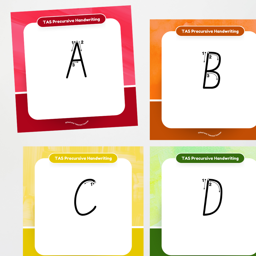 Tasmanian Precursive Font: Unlined Handwriting Posters (with directional arrows) - Rainbow - Teacher Resources & Classroom Decor