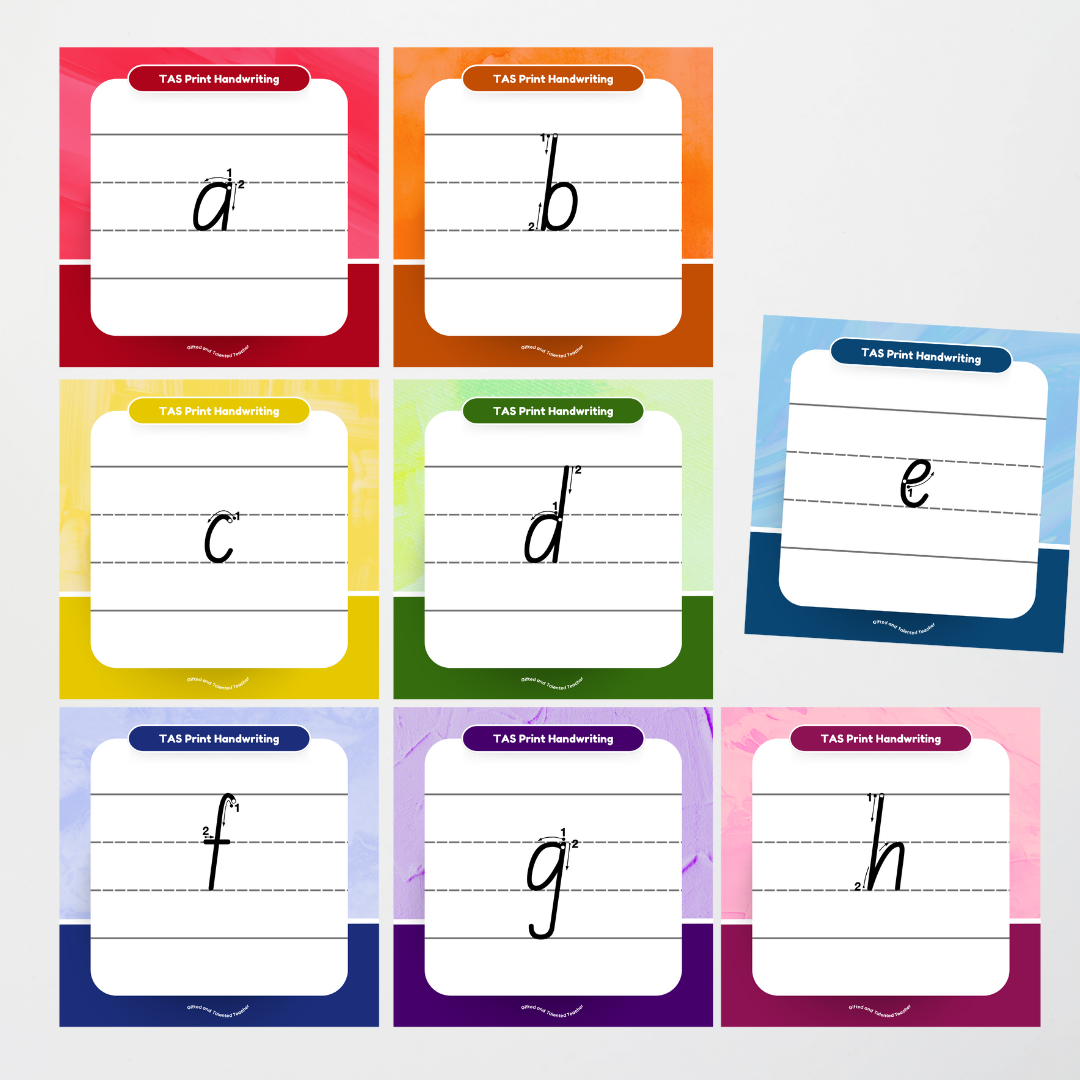 Tasmanian Print Font: Lined Handwriting Posters (with directional arrows) - Rainbow - Teacher Resources & Classroom Decor