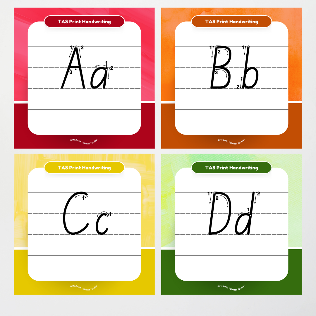 Tasmanian Print Font: Lined Handwriting Posters (with directional arrows) - Rainbow - Teacher Resources & Classroom Decor
