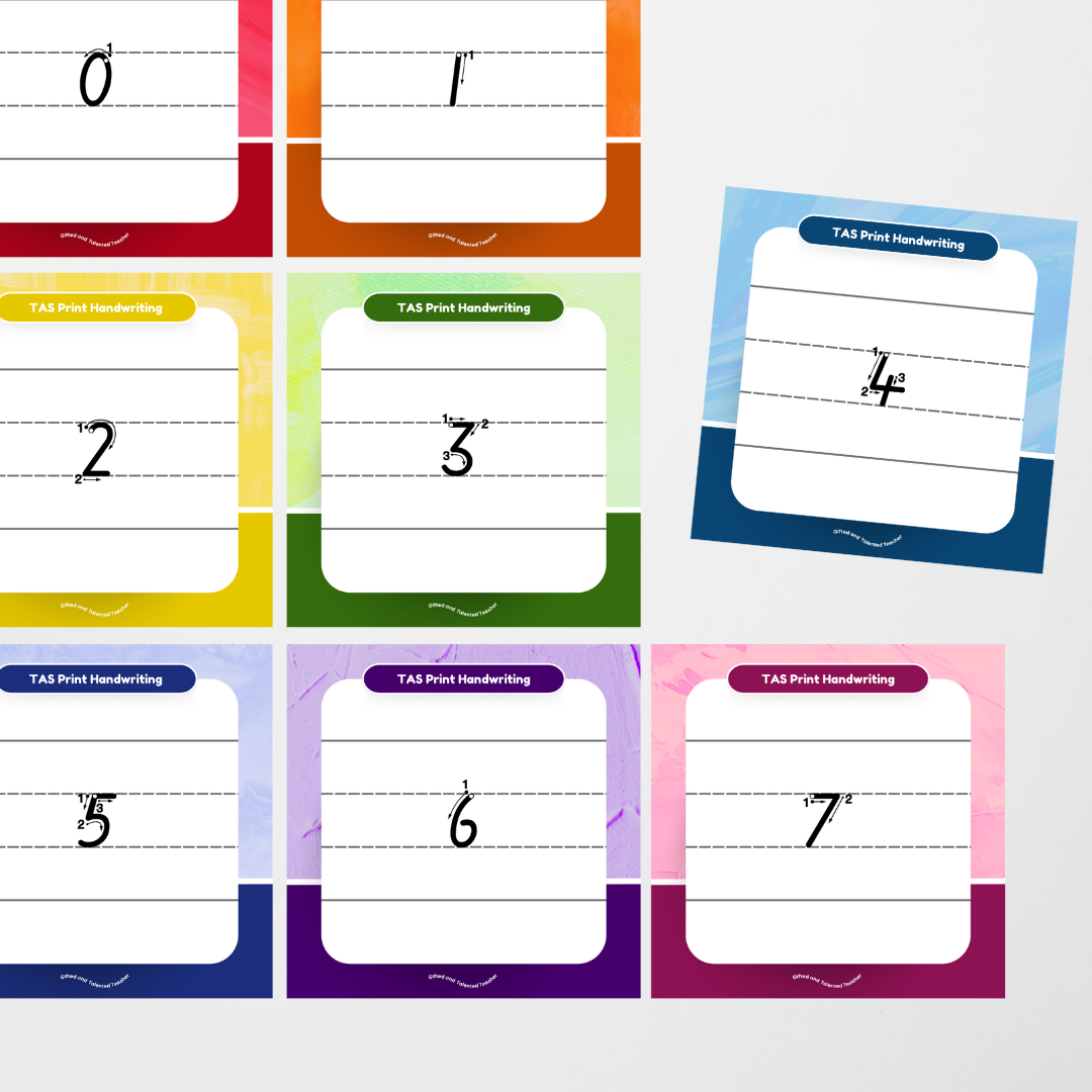 Tasmanian Print Font: Lined Handwriting Posters (with directional arrows) - Rainbow - Teacher Resources & Classroom Decor