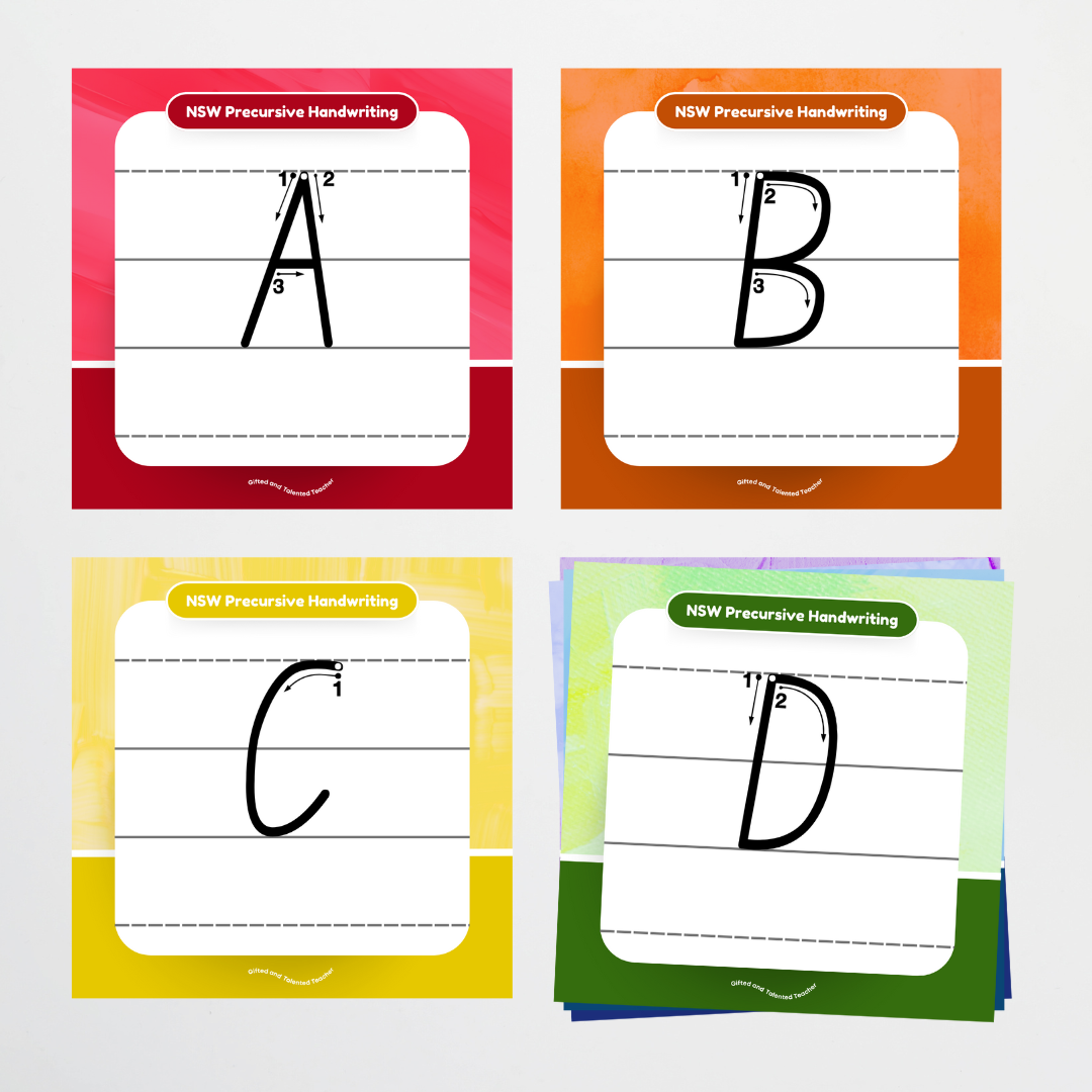 New South Wales Precursive Font: Lined Handwriting Posters (with directional arrows) - Rainbow - Teacher Resources & Classroom Decor