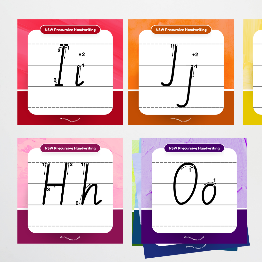 New South Wales Precursive Font: Lined Handwriting Posters (with directional arrows) - Rainbow - Teacher Resources & Classroom Decor