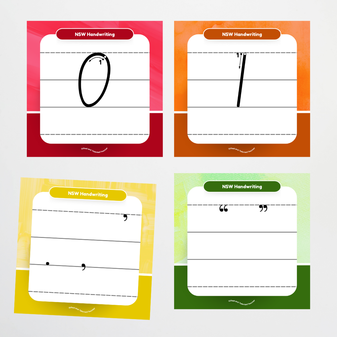 New South Wales Precursive Font: Lined Handwriting Posters (with directional arrows) - Rainbow - Teacher Resources & Classroom Decor