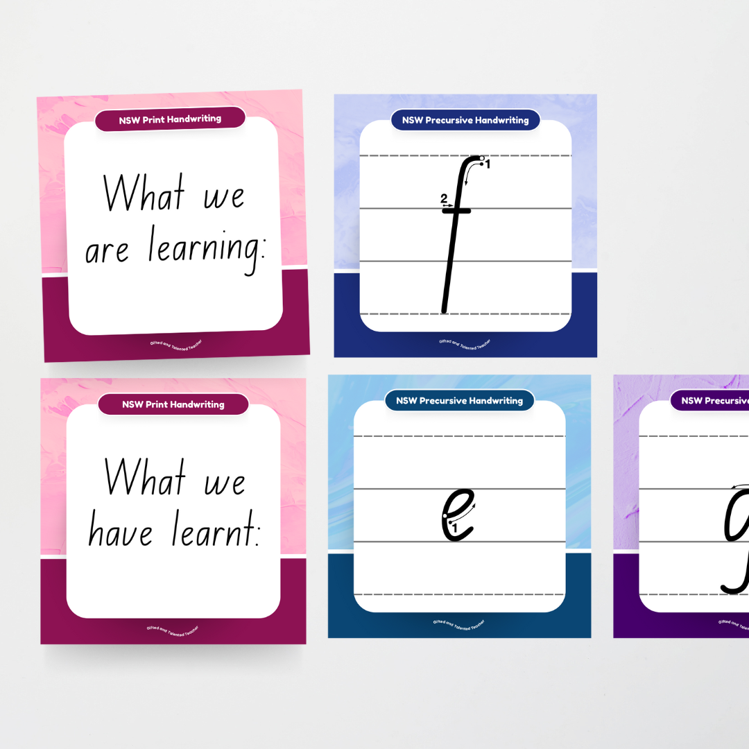 New South Wales Precursive Font: Lined Handwriting Posters (with directional arrows) - Rainbow - Teacher Resources & Classroom Decor