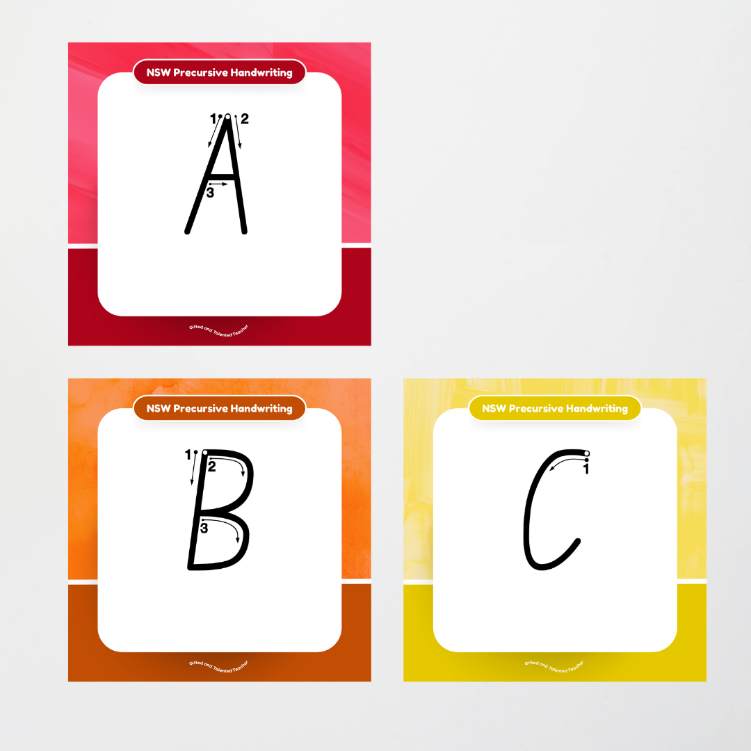 New South Wales Precursive Font: Unlined Handwriting Posters (with directional arrows) - Rainbow - Teacher Resources & Classroom Decor