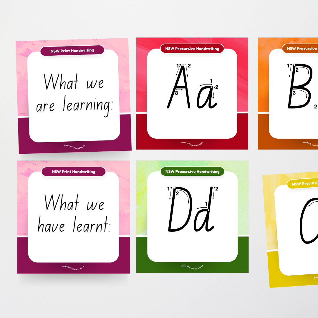 New South Wales Precursive Font: Unlined Handwriting Posters (with directional arrows) - Rainbow - Teacher Resources & Classroom Decor