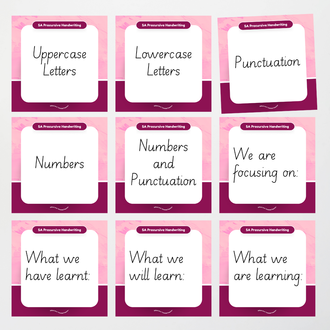 South Australian Precursive Font: Unlined Handwriting Posters (with directional arrows) - Rainbow - Teacher Resources & Classroom Decor