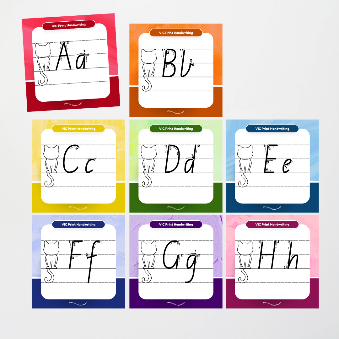 Victorian Print Font: Cat Dotted Thirds Lined Handwriting Posters - Rainbow - Teacher Resources & Classroom Decor