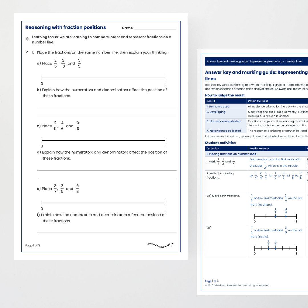 Student activity: reasoning with fraction positions, with answer key