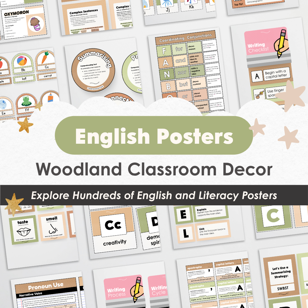 English and Literacy Posters Bundle - Woodland Classroom Decor